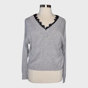 Divided V-Neck Oversized Sweater with Lace Trim